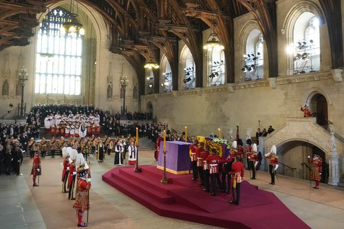 The coffin of Queen Elizabeth arrives at Westminster Hall in London, Wednesday, Sept. 14, 2022.