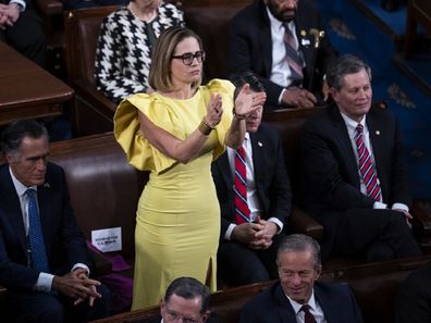 UNITED STATES - FEBRUARY 7: Sen. Kyrsten Sinema, D-Ariz., applauds during President Joe Bidens State of the Union address in the House Chamber of the U.S. Capitol on Tuesday, February 7, 2023. (Tom Williams/CQ-Roll Call, Inc via Getty Images)