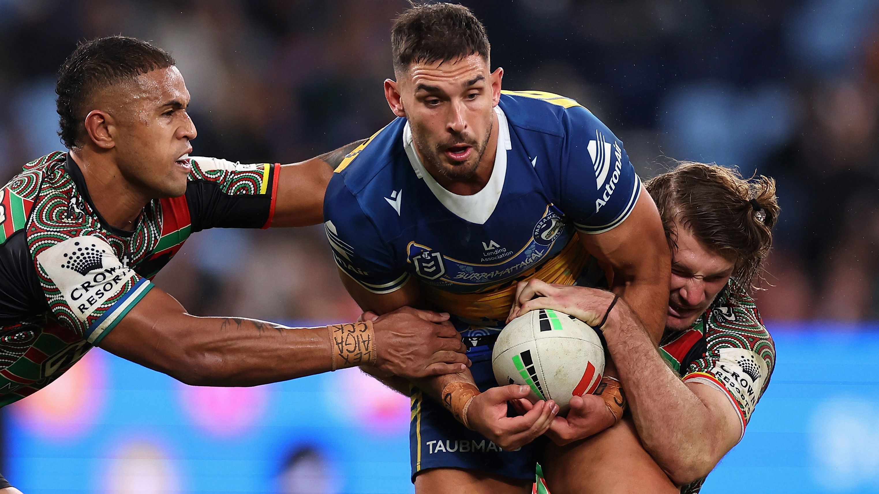 Ryan Matterson is tackled during the round 12 NRL match between South Sydney Rabbitohs and Parramatta Eels at Allianz Stadium on May 19, 2023 in Sydney, Australia. 