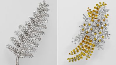 The NZ silver fern brooch (left) and the Australian wattle brooch (right) are among the Commonwealth jewels in the Platinum Jubilee exhibition at Windsor Castle
