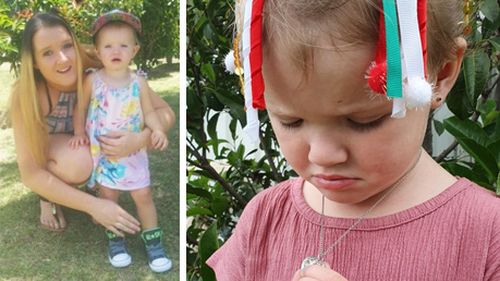 Katie Gleeson pictured with her daughter Summer (left). Summer (right) looks at a picture of her mother in a locket. 