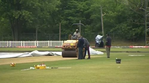 The groundsman preparing the pitch ahead of tomorrow's tournament. Picure: 9NEWS