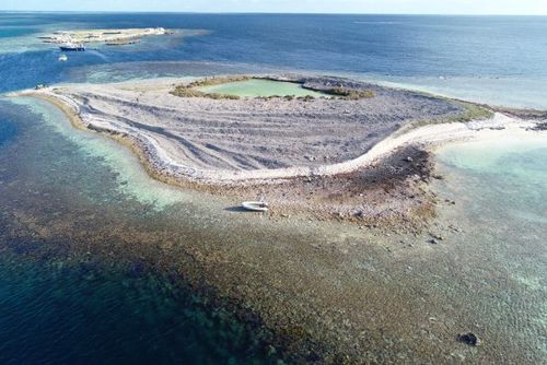 An aerial view of the island where police allege they found the British and French national and one-tonne of cocaine, ecstasy and methamphetamine.