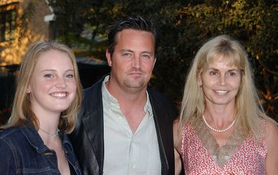 Actor Matthew Perry (C), sister Emily (L) and mother Suzanne Morrison attend the Los Angeles Consul General of Canada and Los Angeles Kings' tribute for Garnet 'Ace' Bailey,  October 3, 2001 in Los Angeles, CA.  The event honored Bailey, a long-time scout for the Kings who was a victim of the United Airlines Flight 175 plane crash, September 11.  (Photo by Vincent Bucci/Getty Images)