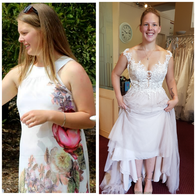 Kate before her successful weight loss effort and on her wedding day.