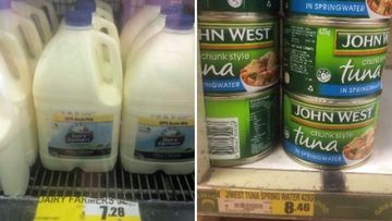 Milk and tins of tuna on sale in a community store in regional Queensland. 