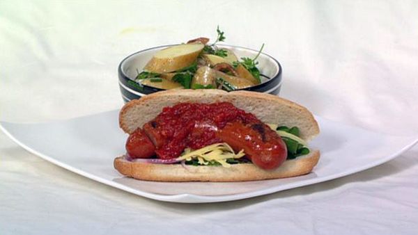 Chilli jam hotdogs with summer potato salad