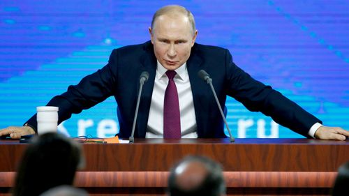 Russian President Vladimir speaks during his annual news conference in Moscow, Russia.