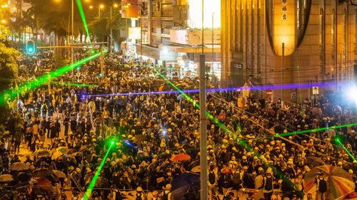 Lasers were used by protesters in Hong Kong.