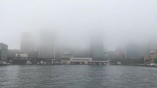 Heavy fog covers Sydney's Circular Quay ferry terminal.