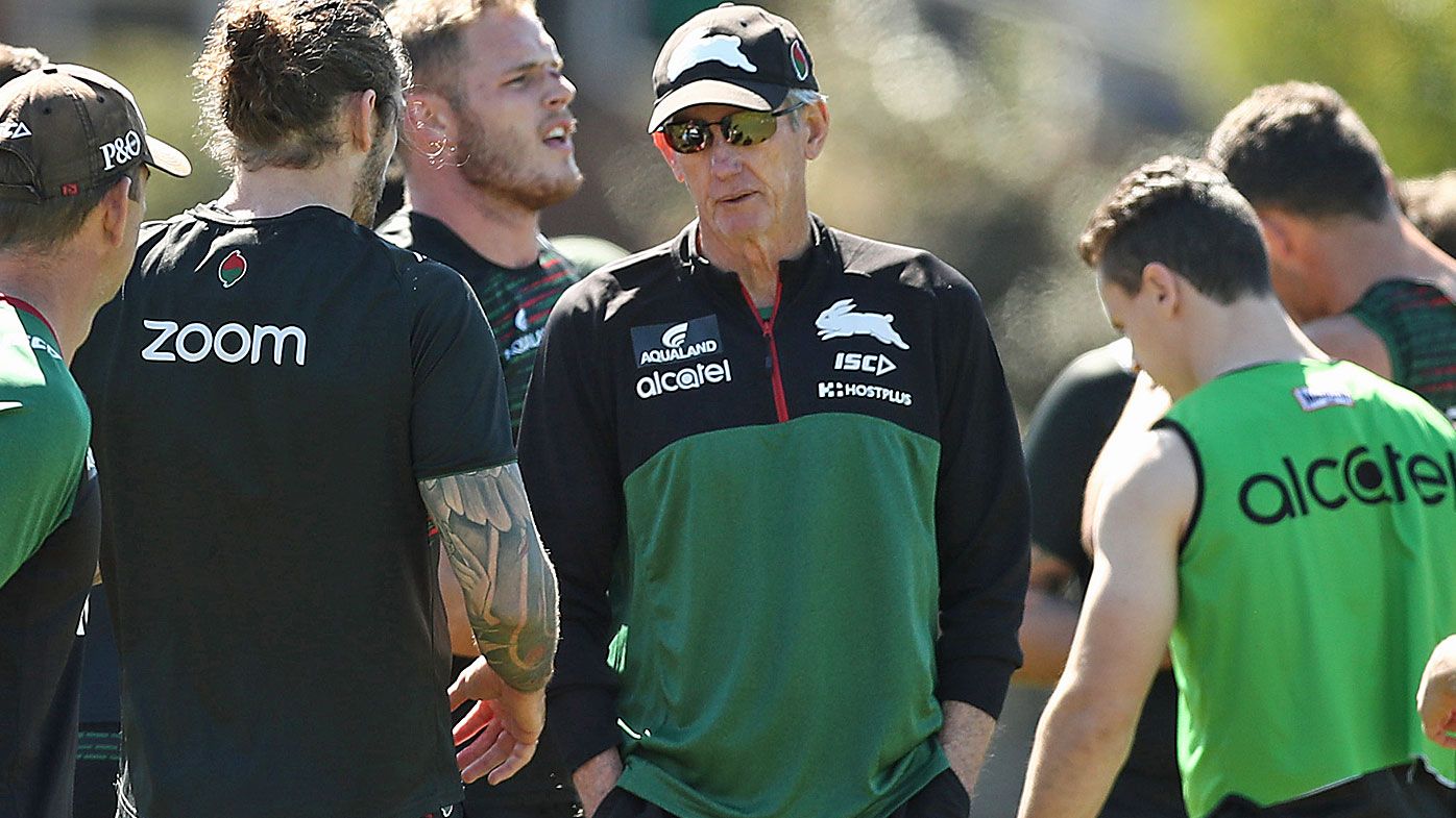 Rabbitohs coach Wayne Bennett talks to players during a South Sydney Rabbitohs