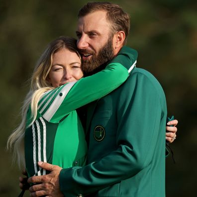 Paulina Gretzky and Dustin Johnson hug after the Masters 2020 final round.