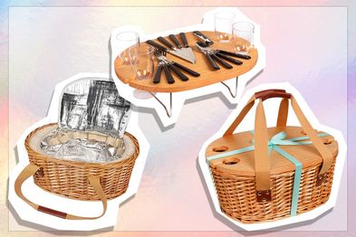 Hap Tim Wicker Picnic Basket Set for 4 with Mini Folding Wine Picnic Table & Large Insulated Cooler Bag & Cutlery