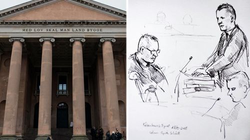 An artist's drawing by shows accused Peter Madsen (left) and the prosecutor Jakob Buch-Jepsen (standing) during the trial at Copenhagen City Court (left). (AP images).