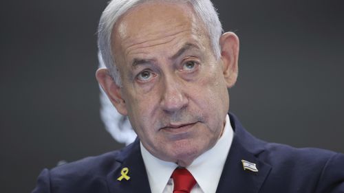 Israeli Prime Minister Benjamin Netanyahu speaks during a press conference at the Prime minister's office in Jerusalem, Sunday, Aug. 10, 2025. (Abir Sultan/Pool Photo via AP)