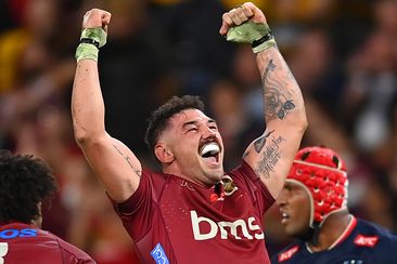 Jeff Toomaga-Allen of the Reds celebrates victory during the round 12 Super Rugby Pacific match between Queensland Reds and Melbourne Rebels.