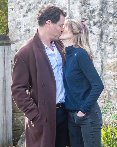 Dominic West and wife Catherine FitzGerald make a statement to press outside their Cotswolds home after Dominic was seen kissing actress Lily James whilst in Rome on October 13, 2020 in Cotswolds, England. 