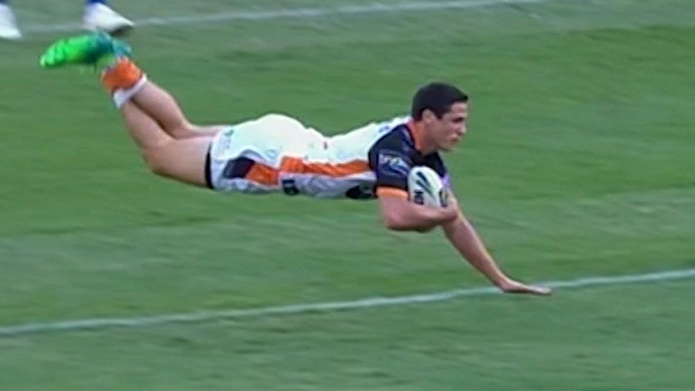 Wests Tigers star Mitchell Moses scores a try against future club Parramatta Eeels