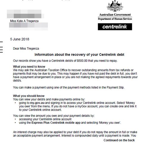 A copy of the debt letter Kate Tregenza found on her MyGov account.