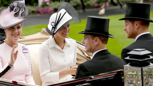 Prince Harry and Meghan arrived at the parade ring with Prince Edward, Earl of Wessex, and Sophie, Countess of Wessex. Picture: AAP