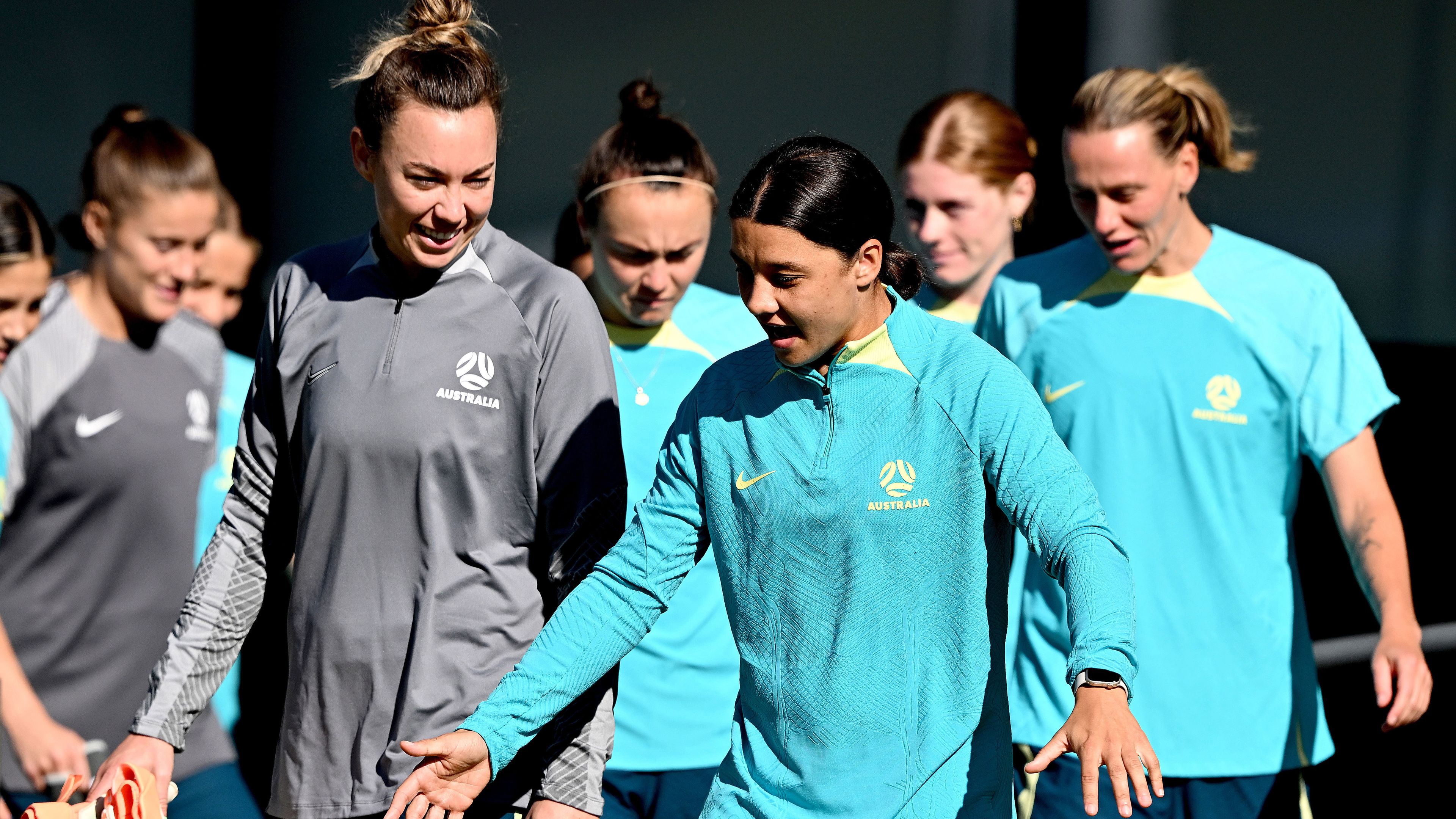 Sam Kerr and Mackenzie Arnold of the Matildas are seen chatting during a training session ahead of the FIFA Women&#x27;s World Cup. 