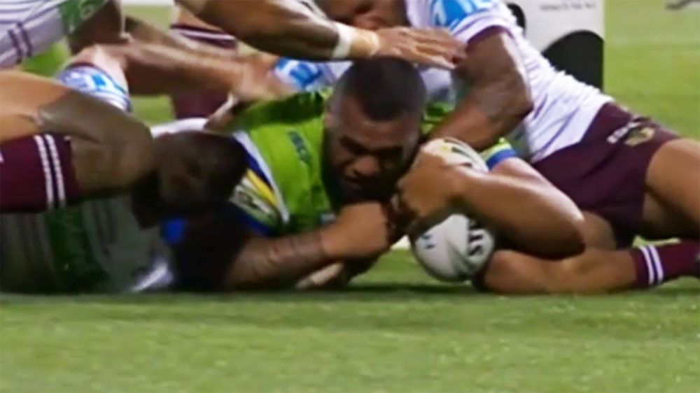Manly Sea Eagles somehow hold up Canberra Raiders forward Junior Paulo in round 8 clash