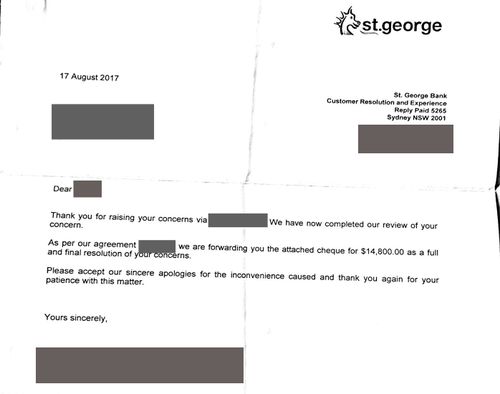 A letter from St George containing an apology from the bank and a cheque for compensation.