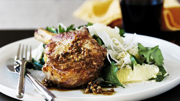 Veal cutlets with coriander and grapefruit sauce and parsley, burghul and grapefruit salad