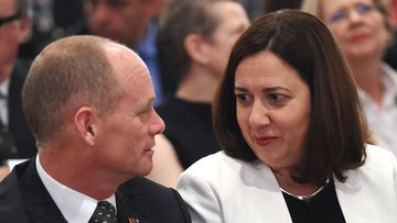 Premier Campbell Newman with Opposition leader Annastacia Palazsczuk at former Premier Wayne Goss's funeral in 2014. (AAP)