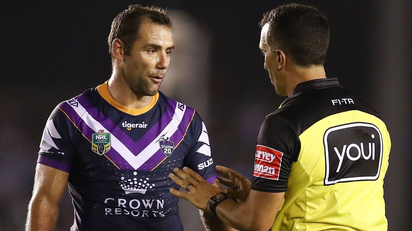  Cameron Smith of the Storm speaks with Referee Matt Cecchin