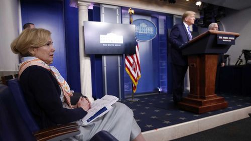 Deborah Birx sits in the White House press briefing room as the president suggests sunlight and disinfectant as potential coronavirus cures.