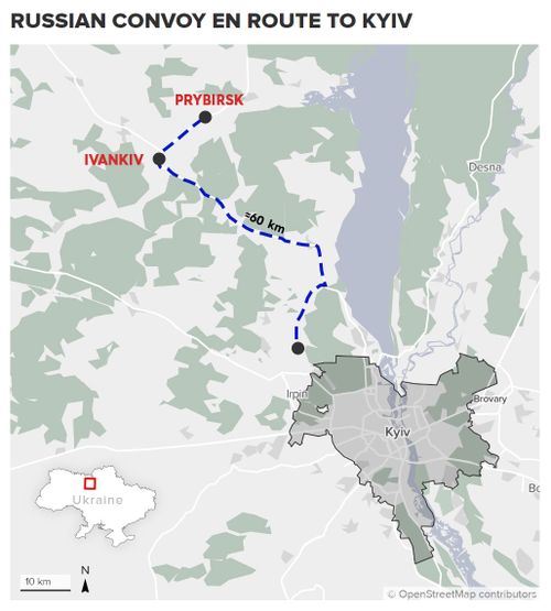 A map showing the size of the Russian convoy headed for Kyiv, where it is believed to be under orders to occupy the Ukraine capital city.
