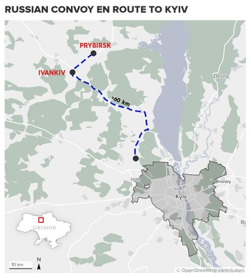 Harta care arată dimensiunea convoiului rusesc cu destinația Kiev, despre care se crede că ar avea ordin de ocupare a capitalei ucrainene.