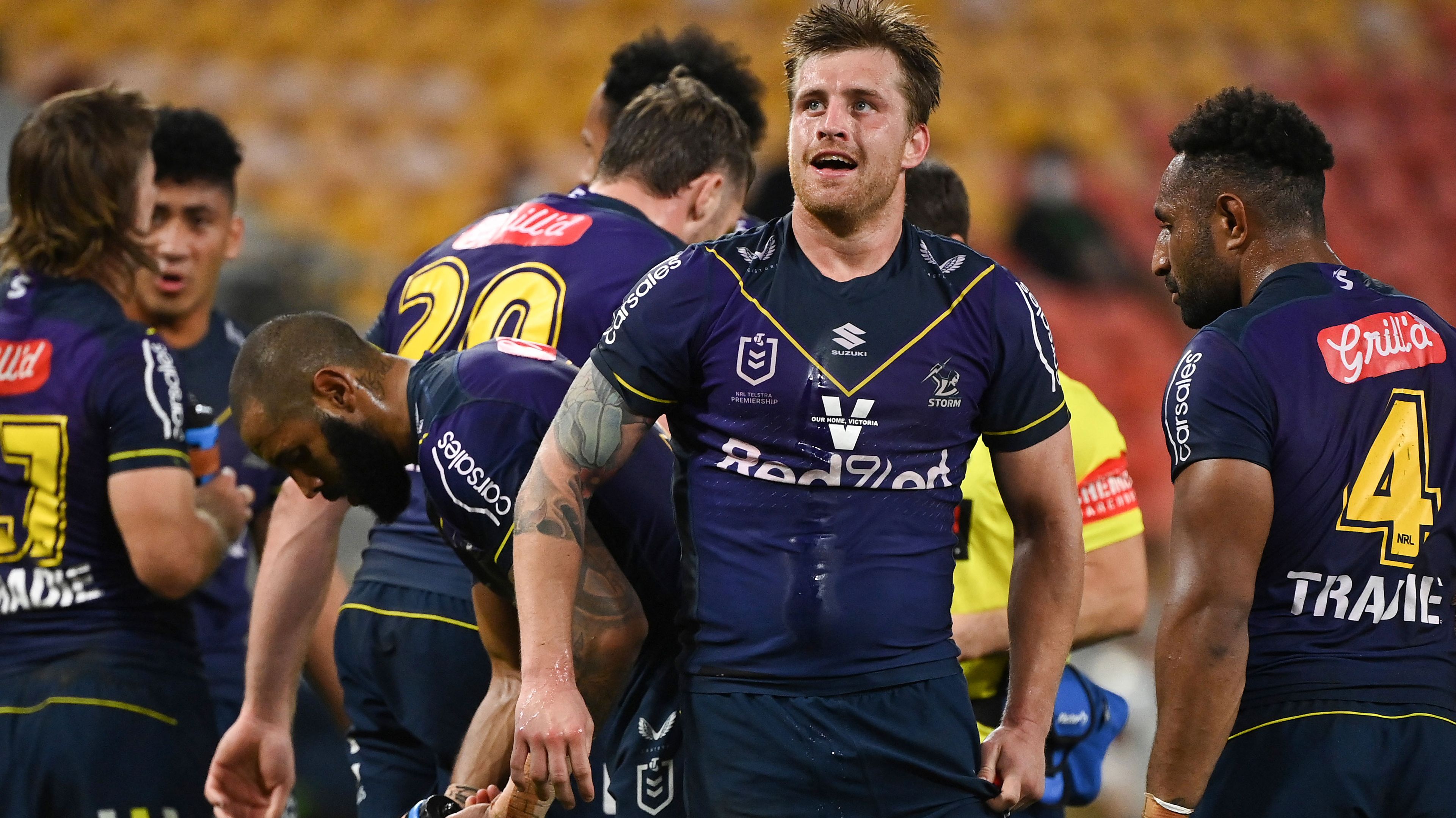Cameron Munster of the Storm looks on during the round 20 match against the Panthers in 2021.