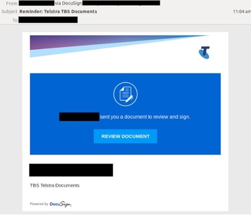 The scam has both Telstra and DocuSign branding 