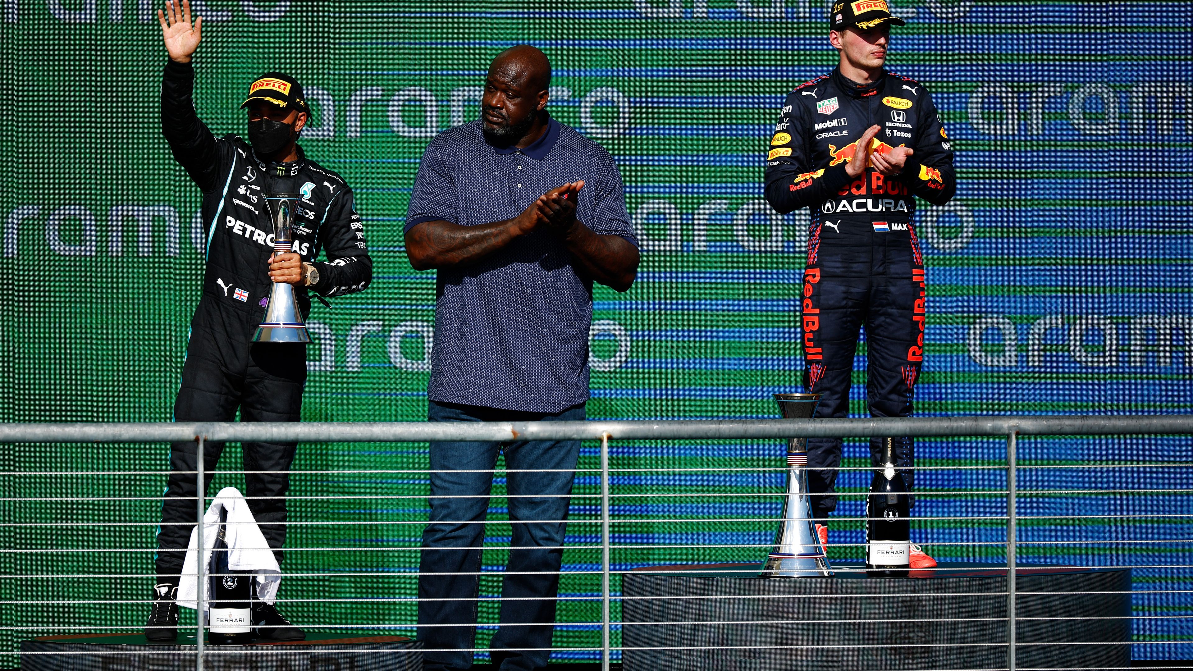 NBA legend Shaquille O&#x27;Neal on the podium with Lewis Hamilton (left) and Max Verstappen at the US Grand Prix.