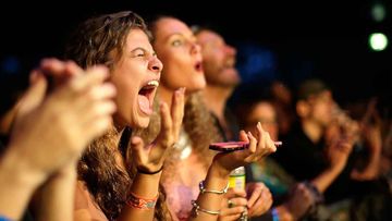 Fans react to The Wailers performing live on stage at the 2016 Byron Bay Bluesfest.