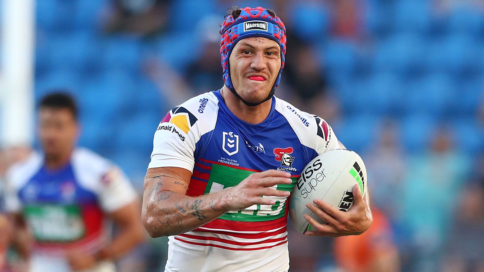 Kalyn Ponga runs the ball for the Knights, who have the second youngest squad in the NRL.