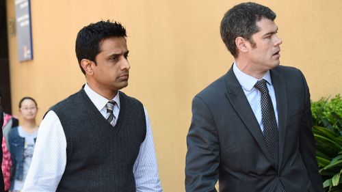 Vishal Mital (L), the husband of Mijin Shin, arrives at the coronial inquest into her death. (AAP)