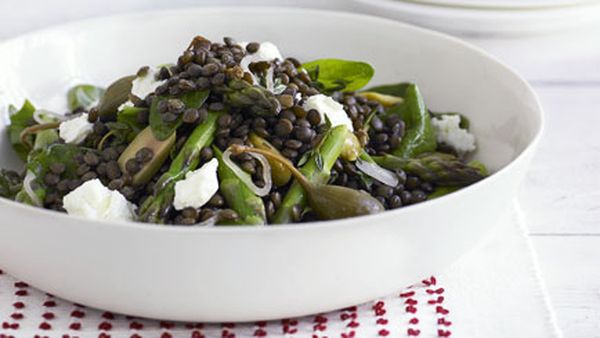 Green lentil, asparagus and feta salad