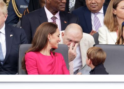 Catherine, Duchess of Cambridge, Mike Tindall and Prince Louis of Cambridge speak ahead the Platinum Pageant on June 05, 2022 in London, England.