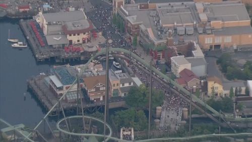 Two carriages stalled midway through the 1100-metre ride at Universal Studios. (NHK / AP)