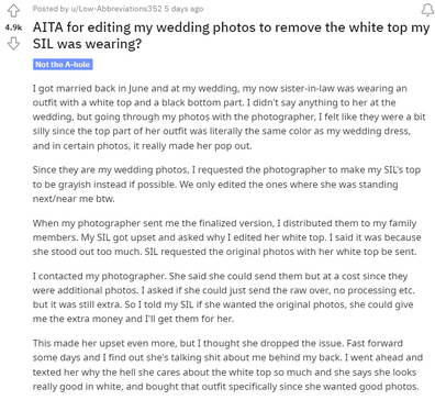 bride defends editing guests white top in photos