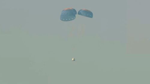 A Blue Origin pod drops to Earth