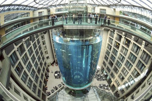 Les opérateurs disent que l'aquarium possède le plus grand réservoir cylindrique du monde.  Il contenait 1 500 poissons tropicaux avant l'incident.  (Joerg Carstensen via DPA)