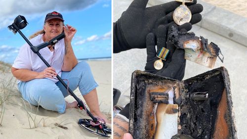 Kazz Preston pictured left and (right) the burnt war medals she found at Surfers Paradise last September.