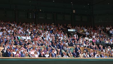 A general view of the Royal Box as attendees watch Novak Djokovic of Serbia play Nick Kyrgios of Australia in their Men's Singles Final match on day fourteen of the 2022 Wimbledon Championships at the All England Lawn Tennis and Croquet Club on July 10, 2022 in London, England 