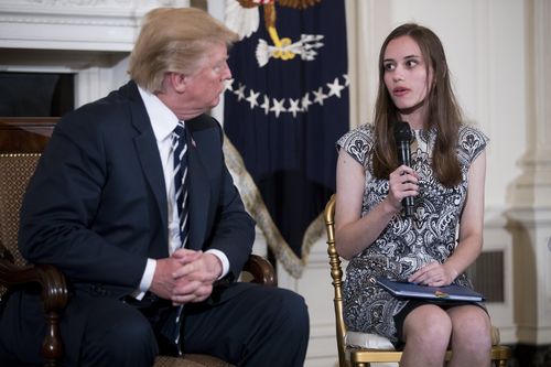 Mr Trump speaks with Marjory Stoneman Douglas High School student Carson Abt in the White House. (AAP)