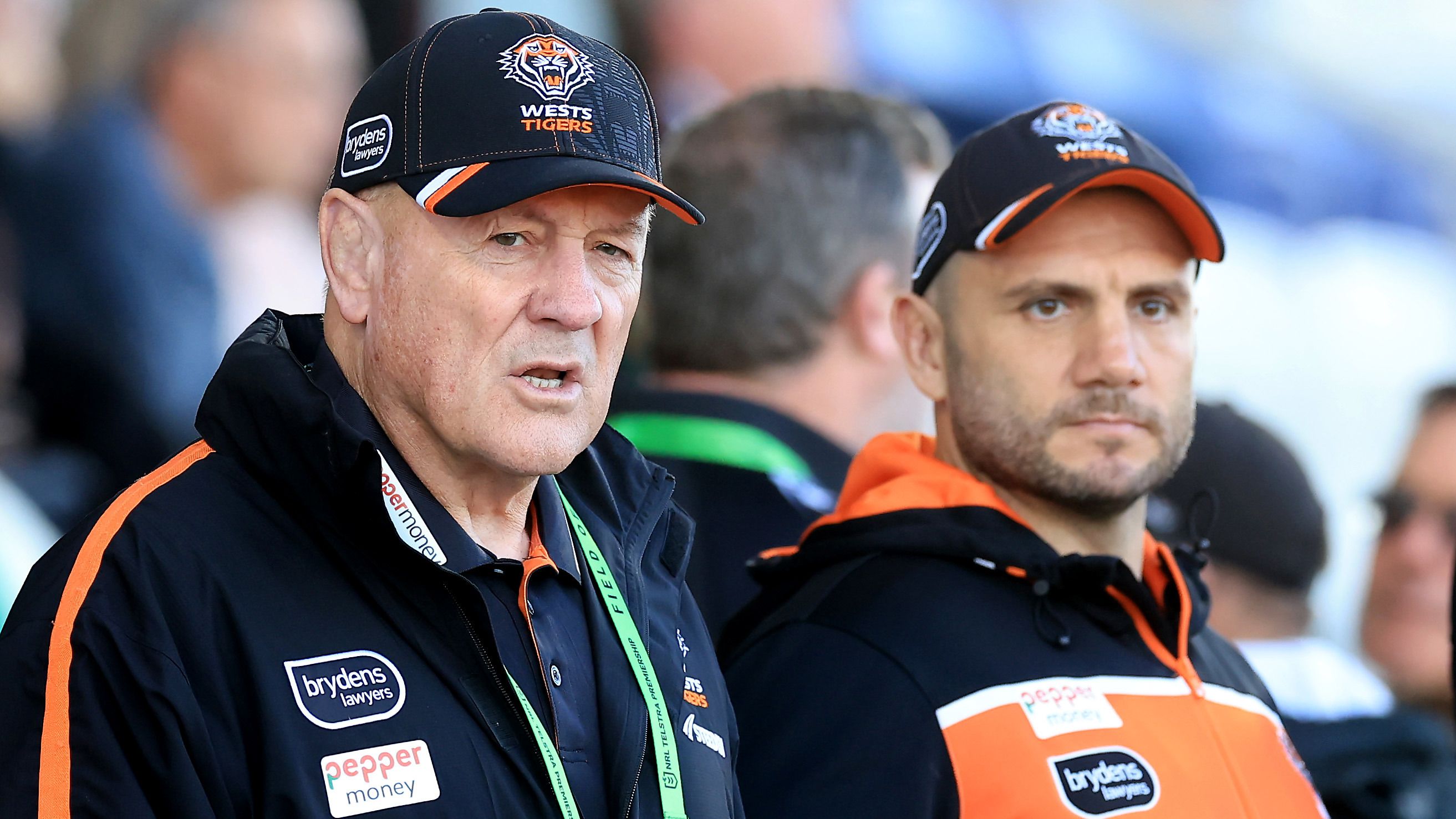 Former Wests Tigers head coach Tim Sheens looks on with assistant coach Robbie Farah.