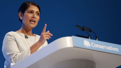 Britain's Home Secretary Priti Patel addresses the delegates at the Conservative Party Conference in Manchester, England. (Photo: October 1, 2019)